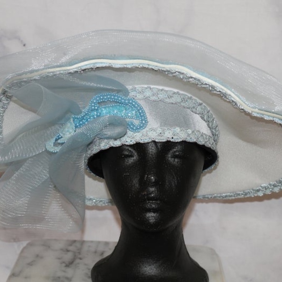 White & Blue Satin Large Brim Bowler Hat (7 3/ main image 6